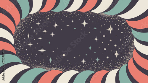 A whimsical starscape framed by striped candy cane arches in pastel shades and a dark starry background