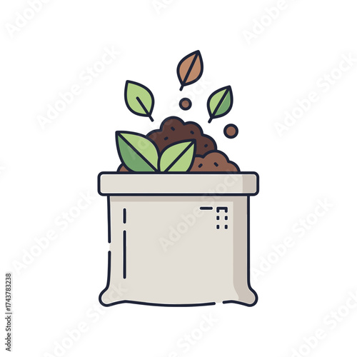A simple illustration of a sack filled with soil and sprouting leaves.