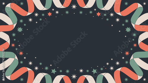 Festive background with ribbons and stars creating a border around a dark blue central space