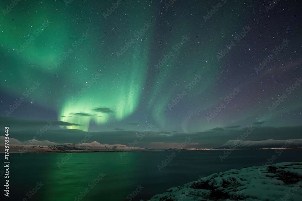 Naklejka premium Northern green lights dancing in the star-filled sky over snowy peaks and reflective waters during a winter night.