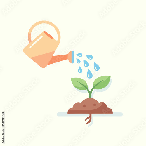 A watering can pours water onto a small plant seedling with visible roots in a mound of soil.