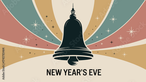 A new year's eve graphic with a bell in the center and retro colored rays with stars in the background