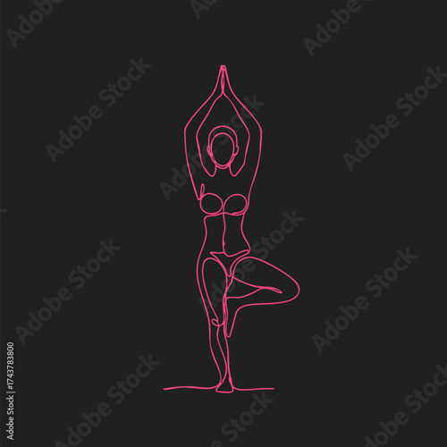 Minimalist neon line art of a person practicing yoga in a tree pose on a dark