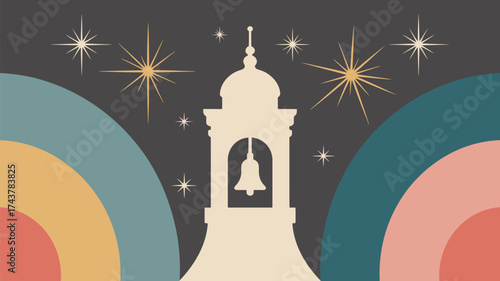 Illustration of a bell tower with stars and rainbow arches on a dark background design style art