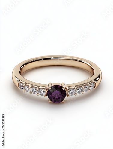 Elegant gold ring with purple gemstone and sparkling accents in unique design