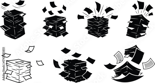 Paper stack silhouette collection, flying sheets illustration, office document artwork, paperwork overload design, chaotic file drawing, business bureaucracy concept element