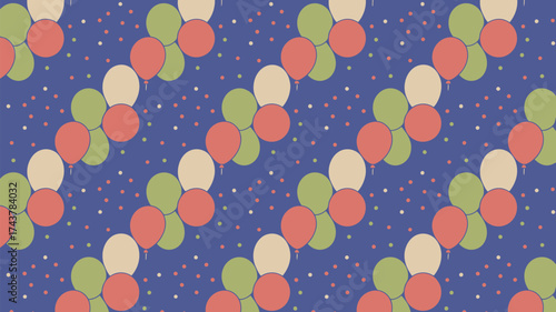 Repeating pattern of red green and beige balloons with confetti on a dark blue background design party