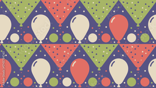 A festive pattern with balloons, triangles and circles in red, green, and white on a purple background
