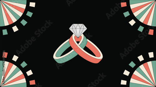 Illustration of diamond ring intertwined with patterned corners on black background art deco style