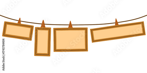 Blank photo frames hanging on a clothesline hand drawn illustration. Set of hanging blank wooden signboard vector