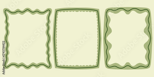 PrintSet of three organic wavy green border frames. Hand drawn wavy and curly borders vector illustration. Square and rectangle decorative frames