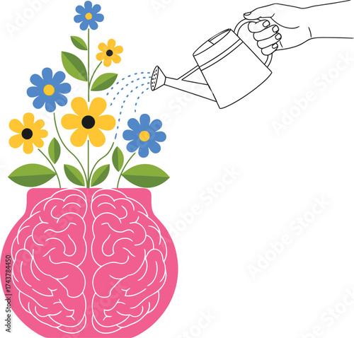 Cultivating mental growth and creativity watering blossoming ideas emerging from a brain with potential