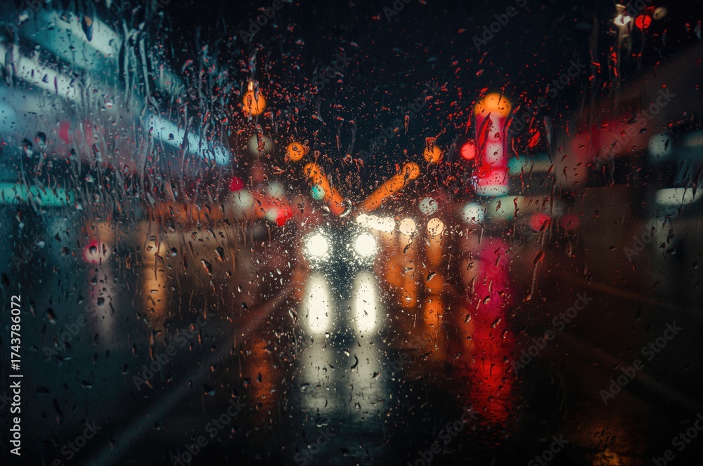 Fototapeta premium Bus window adorned with raindrops and glowing lights