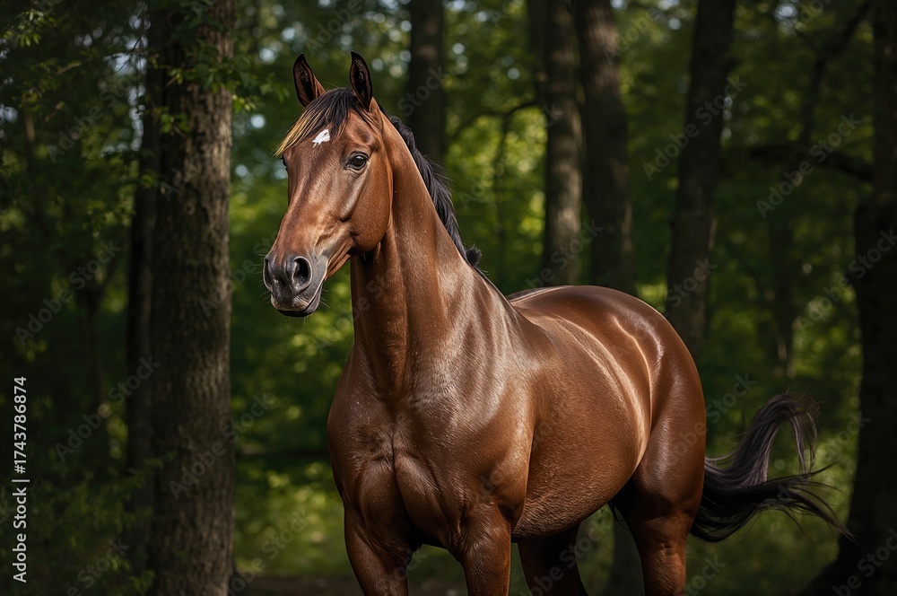 Naklejka premium Portrait of a Racehorse Against a Dark Forest Backdrop in Summer