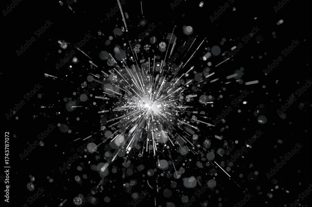 Obraz premium Metallic silver glitter bursting with sparkle, shining silver powder twinkles and flies in the air against a dark backdrop, isolated with selective focus