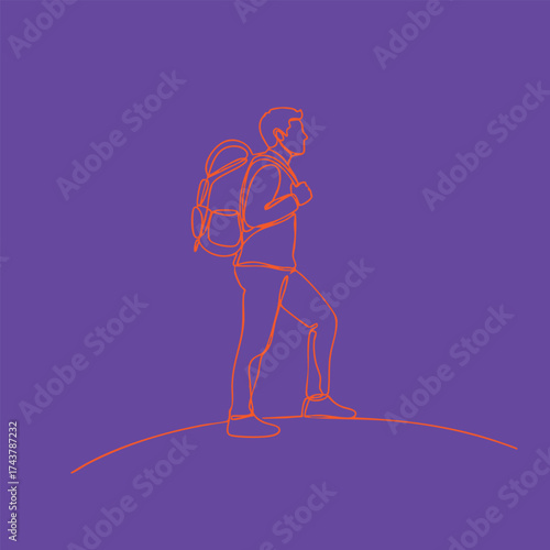 Line Art of a Man with a Backpack Standing on a Hilltop Against a Purple
