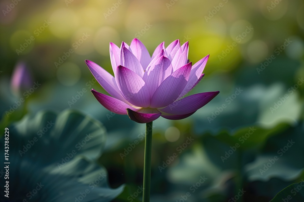 Fototapeta premium Blooming Purple Lotus in a Natural Water Garden with Green Leaves
