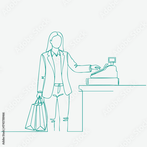 Businesswoman at checkout counter holding shopping bags and using a card payment terminal in a retail environment