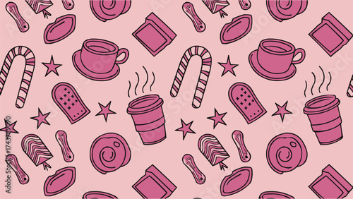 Seamless pink pattern with coffee cups candy canes sweets and stars for cute cafe t shirt design or wrapping paper