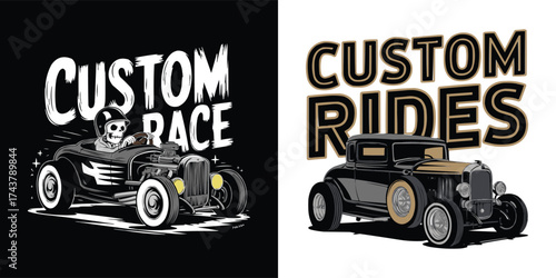 Custom race hot rod and skull driver illustration with vintage custom rides typography for retro automotive t shirt design
