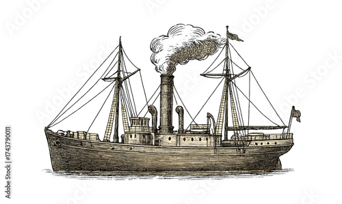 Vintage steamship with smoke in detailed engraving style