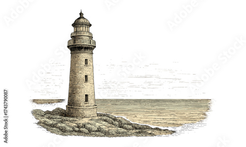 Vintage lighthouse by the sea with engraved details on a rocky shore