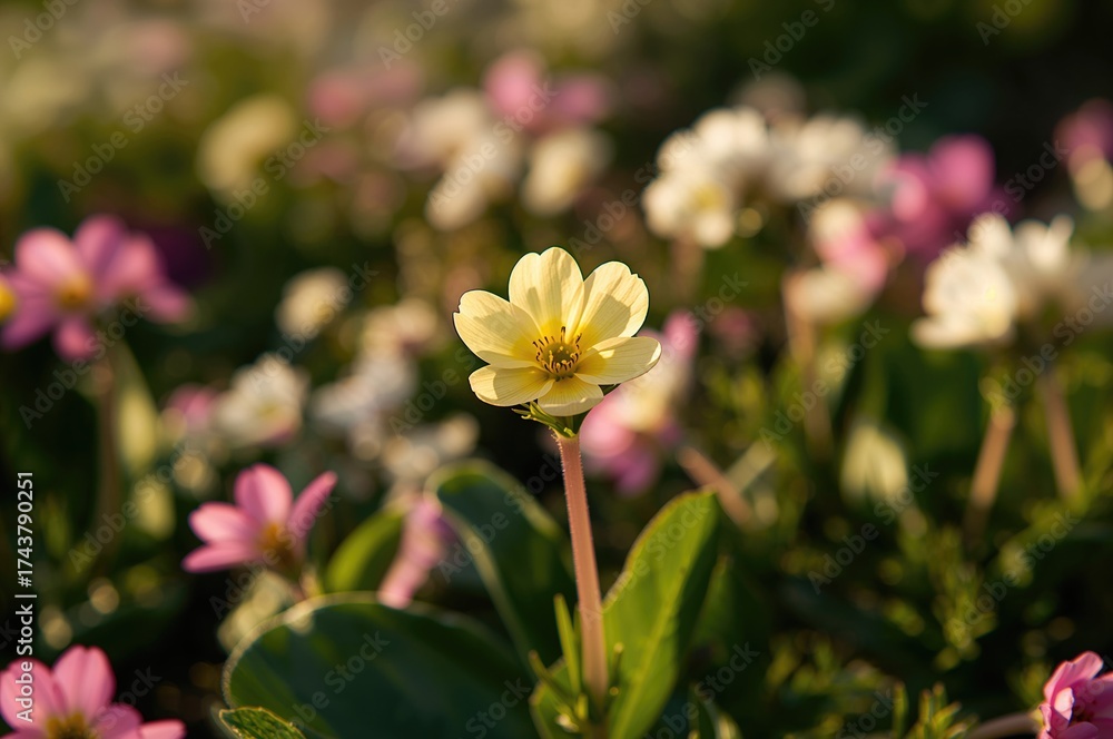 Fototapeta premium Blooming Primula Vulgaris in a garden setting, isolated on a natural background with white petals, spring leaves, and floral beauty