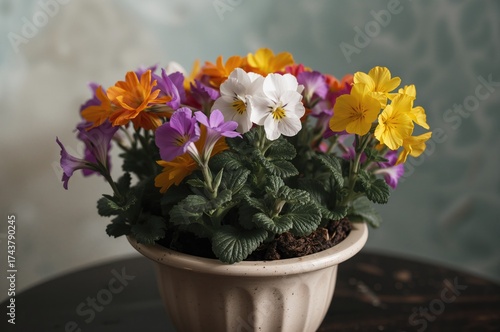 Wallpaper Mural Colorful spring blooms planted in soil-filled pot with room for text Torontodigital.ca