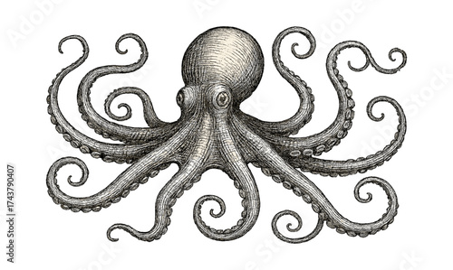 Intricate vintage octopus art in detailed hand-drawn style
