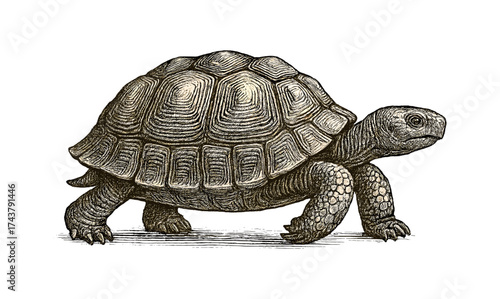 Intricate hand-drawn tortoise in vintage style on white background