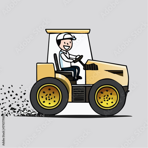 A cartoon man in a white shirt and cap operates a yellow tractor with large black wheels, kicking up dirt on a plain background.