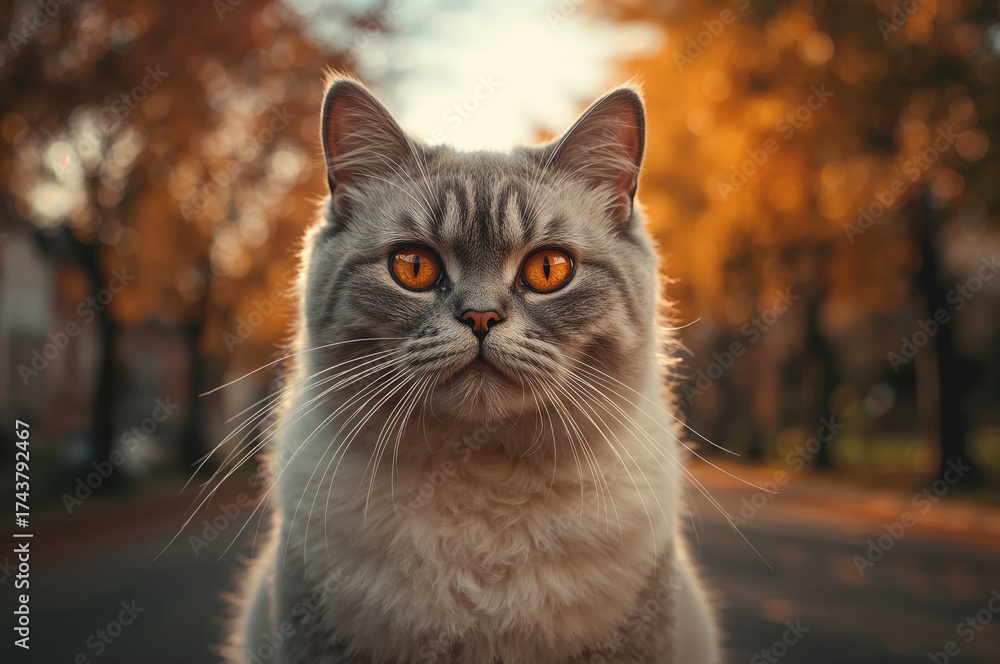 Fototapeta premium Close-up of a mature Scottish fold cat with bright orange eyes sitting on a road surrounded by fall foliage