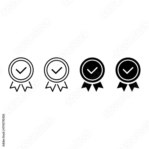 Set of four black and white award medals with checkmarks for achievement and recognition