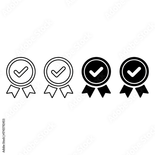 Set of four black and white award medal icons with checkmarks and ribbons for recognition