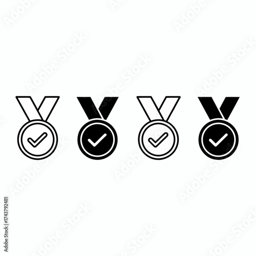 Four black and white award medals with checkmarks symbolizing achievement and success