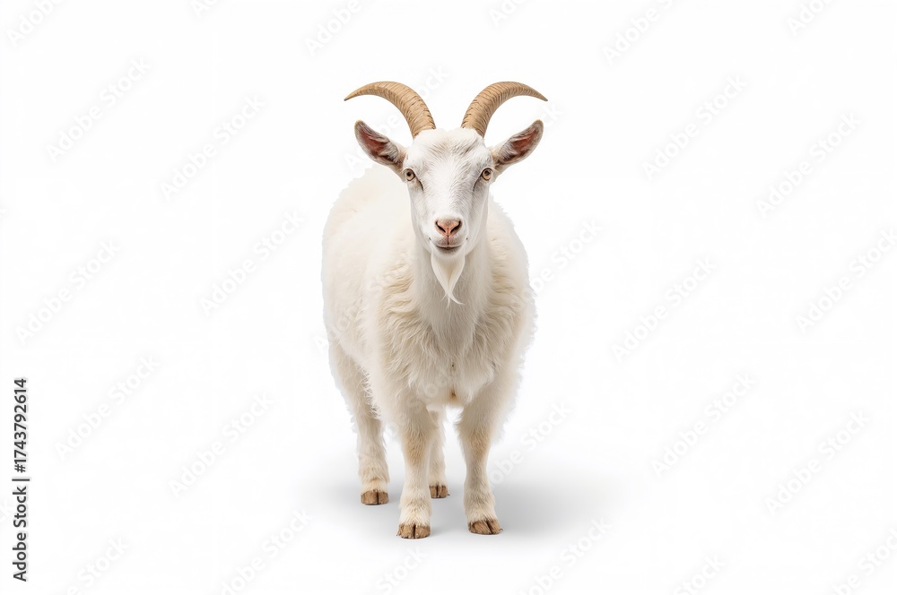 Fototapeta premium Full-length portrait of a white goat against a plain white backdrop