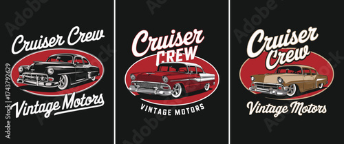Cruiser Crew Vintage Motors classic car illustration set with retro typography for automotive culture and old school t shirt design