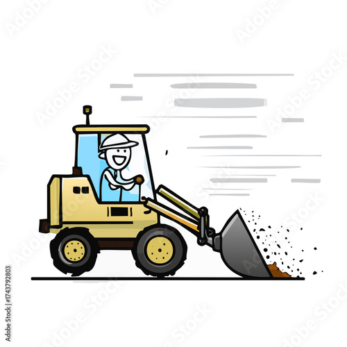 Cartoon illustration of a construction worker operating a yellow backhoe loader with motion blur on a white background.