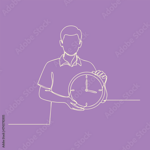 Minimalist Line Drawing of a Person Holding a Clock on a Purple