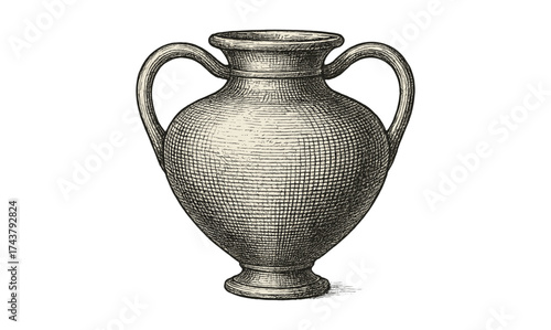 Ancient ceramic vase with double handles in detailed engraving style