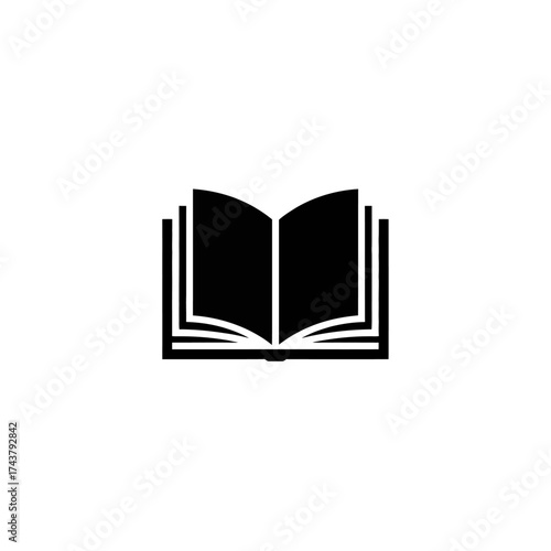 Minimalist black and white icon of an open book symbolizing knowledge learning and education