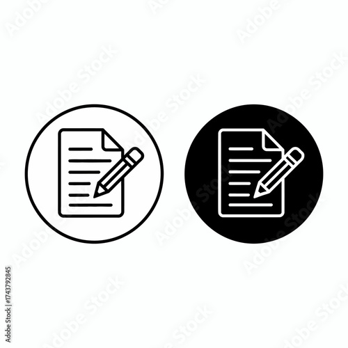 Minimalist icon design showing two paper and pencil symbols in circle frames