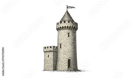 Medieval tower with flag in hand-drawn style showcasing detailed brick texture