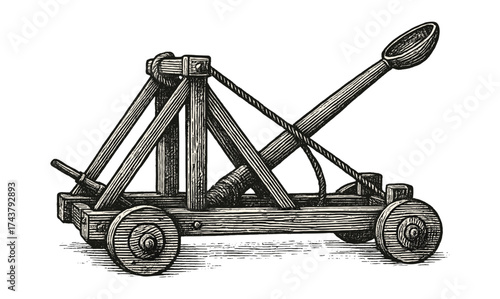 Medieval trebuchet drawing with black ink in detailed vintage style