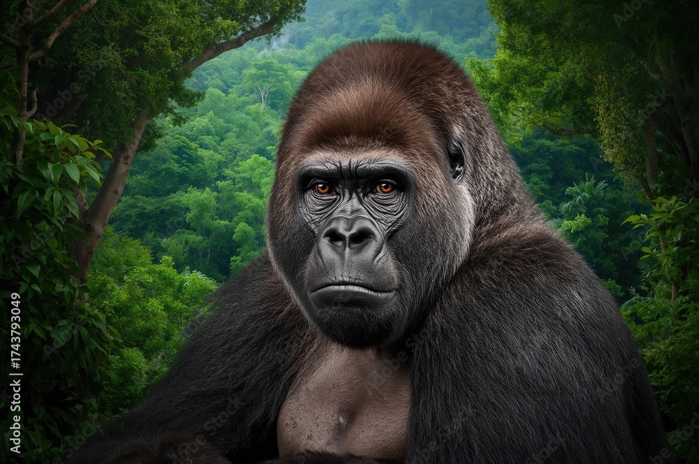 Obraz premium Close-up of a Mountain Gorilla Amid Dense Jungle Foliage