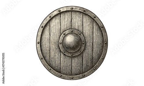 Hand drawn round wooden shield with metal details on white background