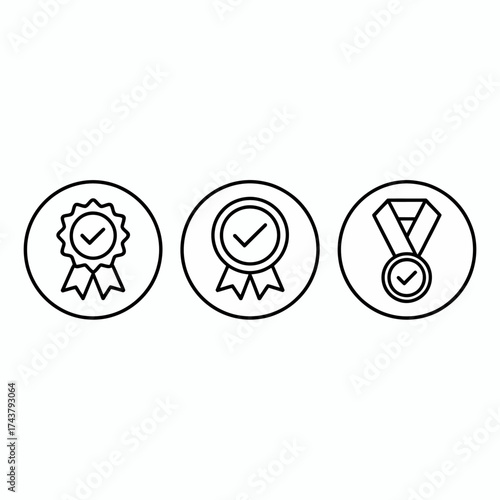 Minimalist line art badges and medals with checkmarks symbolizing achievement and quality