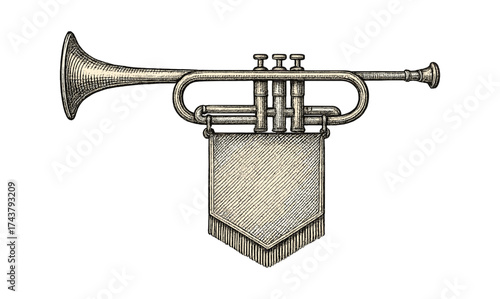 Vintage engraved brass trumpet with banner illustration in detailed black and white design