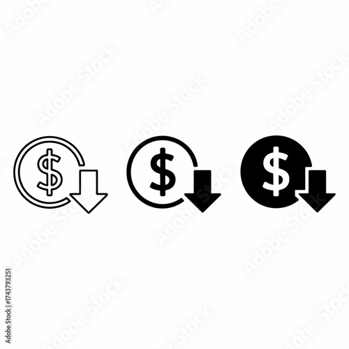 Three black and white financial icons showing dollar sign and down arrow for cost reduction