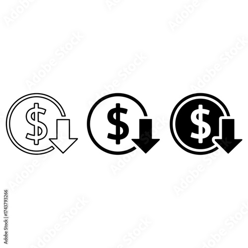 Set of three financial icons depicting currency value decrease and economic downturn
